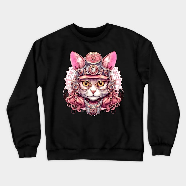 Pink Steampunk Cat Crewneck Sweatshirt by Chromatic Fusion Studio